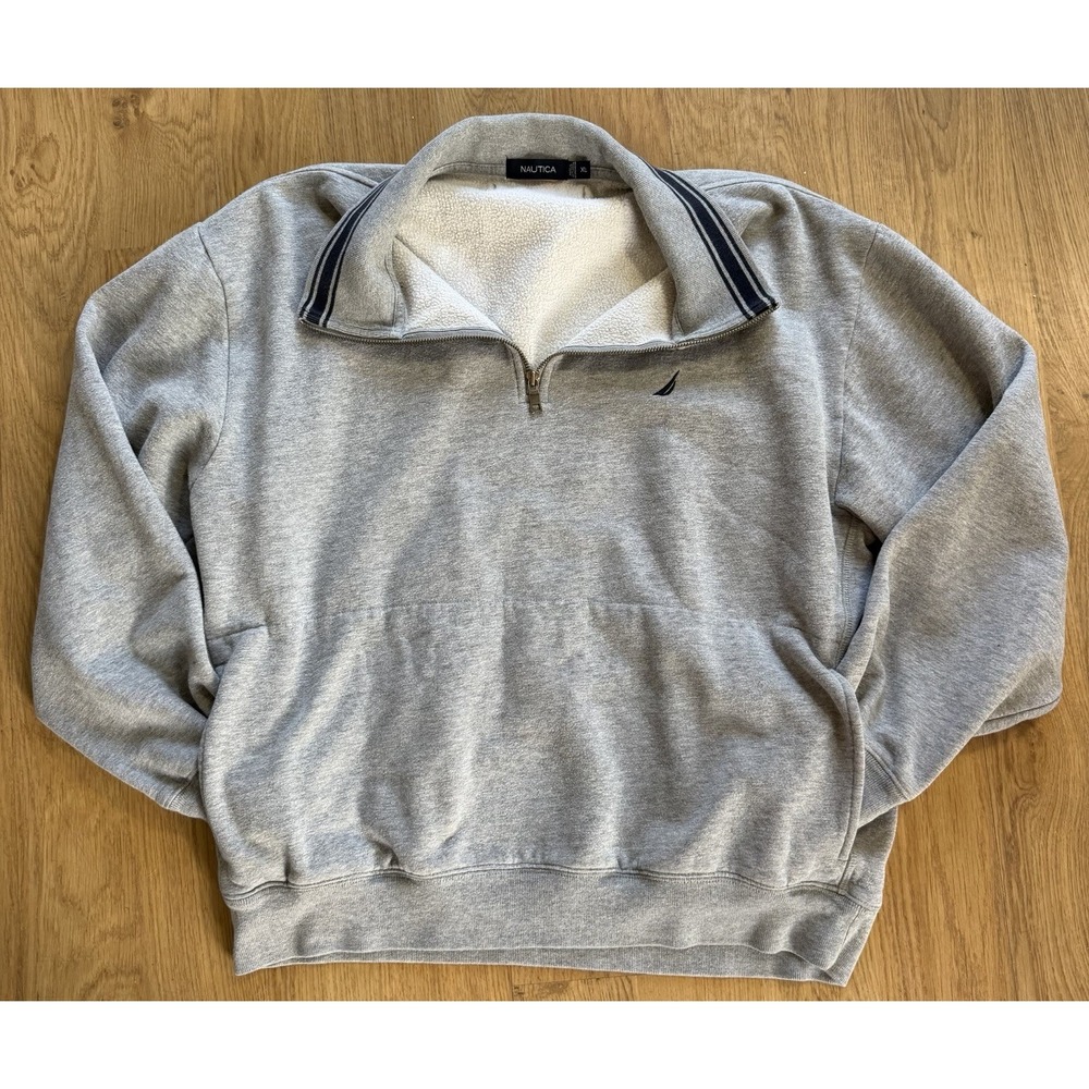Nautica Mens Fleece Sweater Gray Heathered 1/4 Zip Pullover Mock Neck size XL